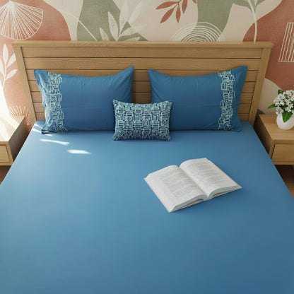SLATE BLUE EMBROIDERED KING COTTON BEDSHEET SET