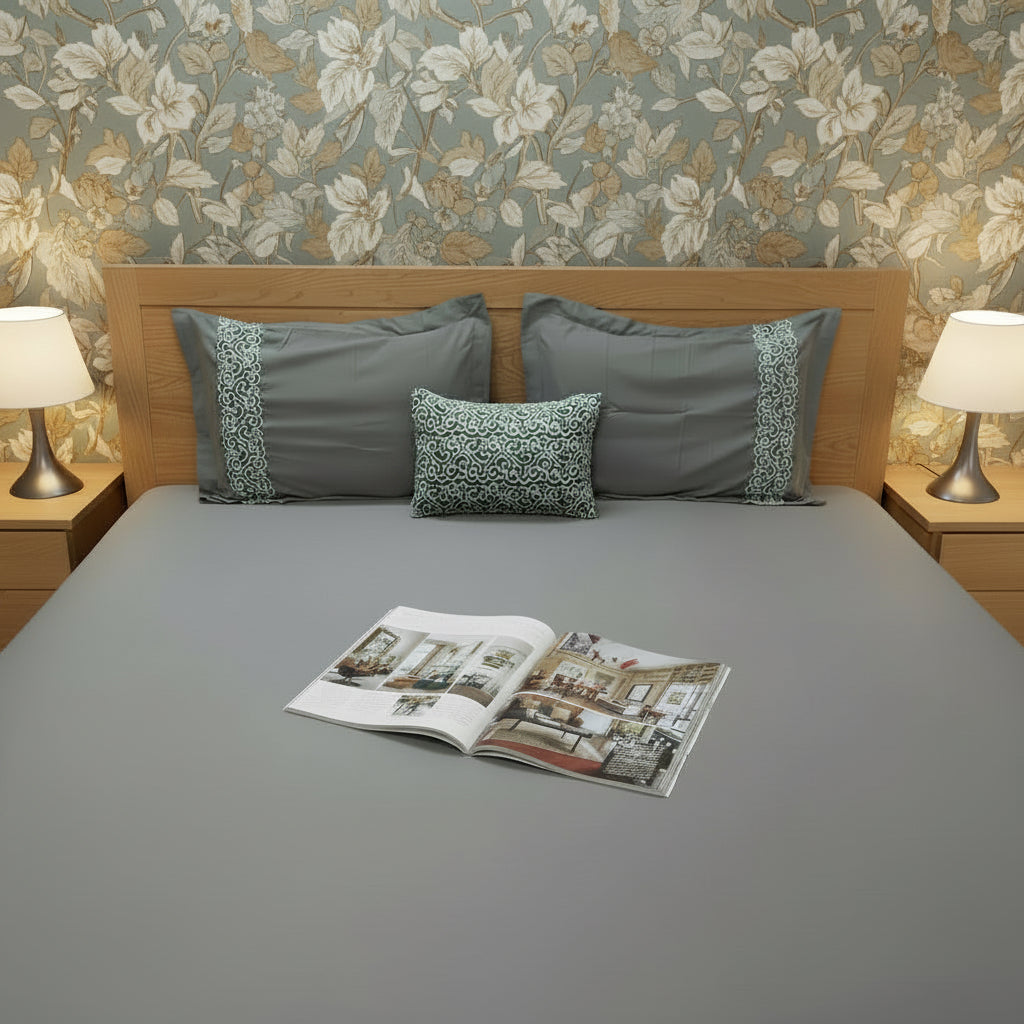 ASH GREY EMBROIDERED KING COTTON BEDSHEET SET