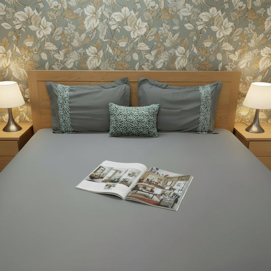 ASH GREY EMBROIDERED KING COTTON BEDSHEET SET