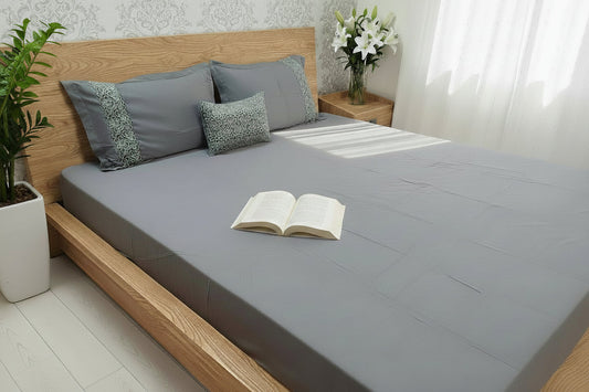 ASH GREY EMBROIDERED KING COTTON BEDSHEET SET
