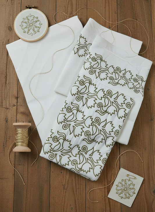 SOFT WHITE WITH BROWN EMBROIDERED KING COTTON BEDSHEET SET