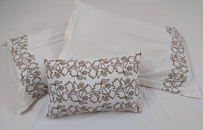 SOFT WHITE WITH BROWN EMBROIDERED KING COTTON BEDSHEET SET