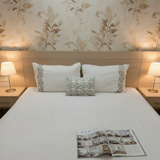 SOFT WHITE WITH BROWN EMBROIDERED KING COTTON BEDSHEET SET