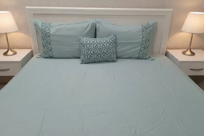 POWDER BLUE EMBROIDERED KING COTTON BEDSHEET SET