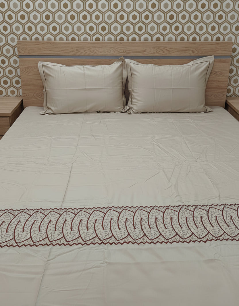 WARM BEIGE EMBROIDERED KING COTTON BEDSHEET SET