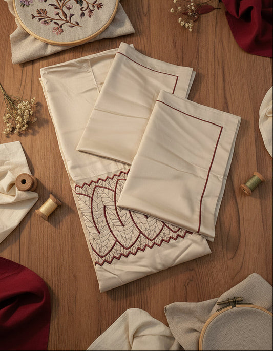 WARM BEIGE EMBROIDERED KING COTTON BEDSHEET SET