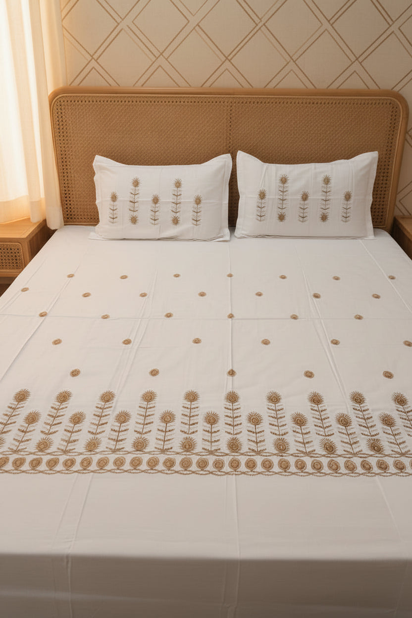 SOFT CREAM EMBROIDERED KING COTTON BEDSHEET SET