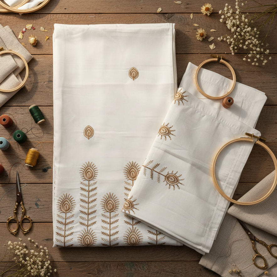 SOFT CREAM EMBROIDERED KING COTTON BEDSHEET SET