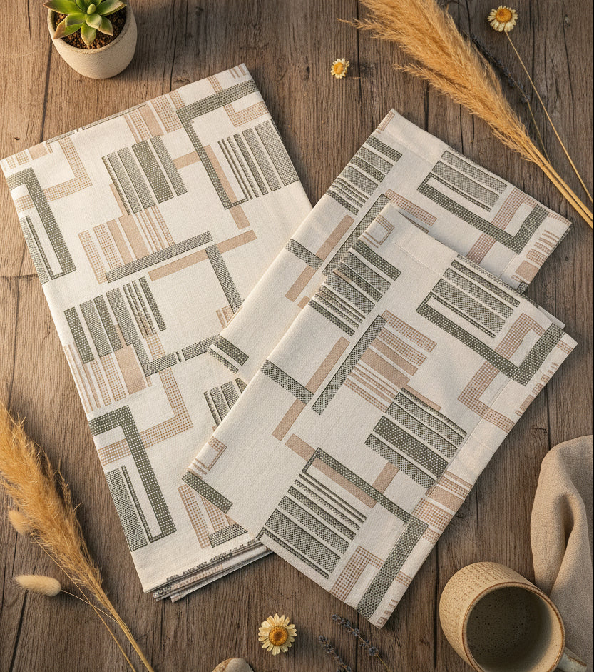 BEIGE GREEN GEOMETRICAL PATTERN QUEEN COTTON BEDSHEET SET