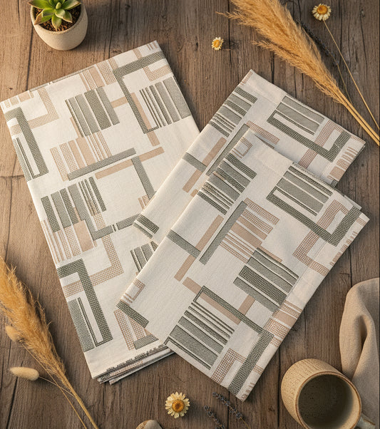 BEIGE GREEN GEOMETRICAL PATTERN QUEEN COTTON BEDSHEET SET
