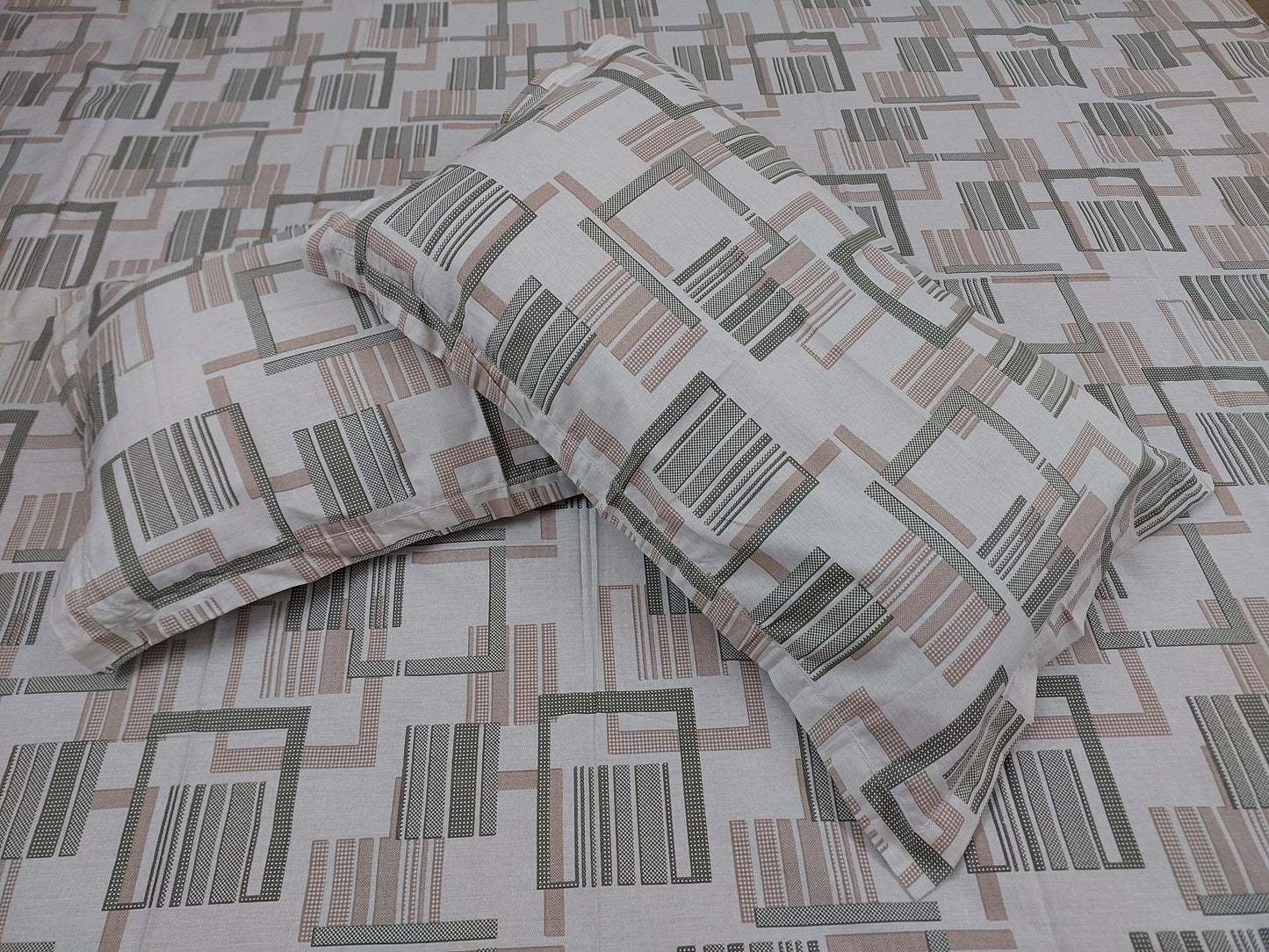 BEIGE GREEN GEOMETRICAL PATTERN QUEEN COTTON BEDSHEET SET