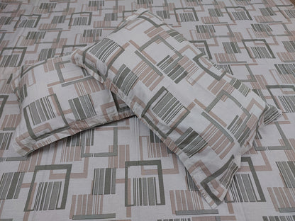 BEIGE GREEN GEOMETRICAL PATTERN QUEEN COTTON BEDSHEET SET