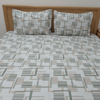 BEIGE GREEN GEOMETRICAL PATTERN QUEEN COTTON BEDSHEET SET
