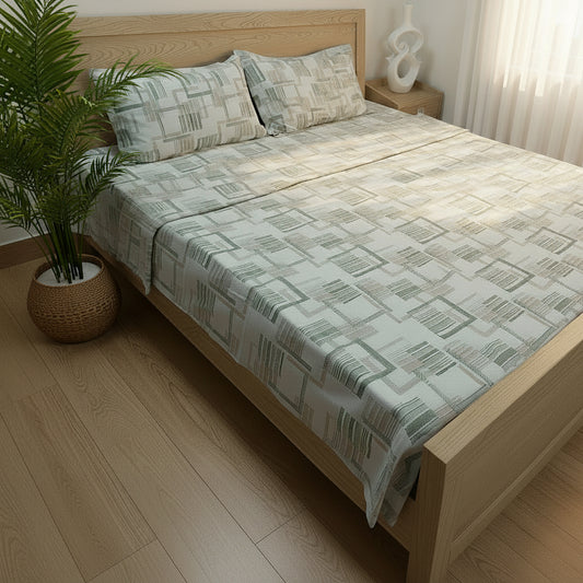BEIGE GREEN GEOMETRICAL PATTERN QUEEN COTTON BEDSHEET SET