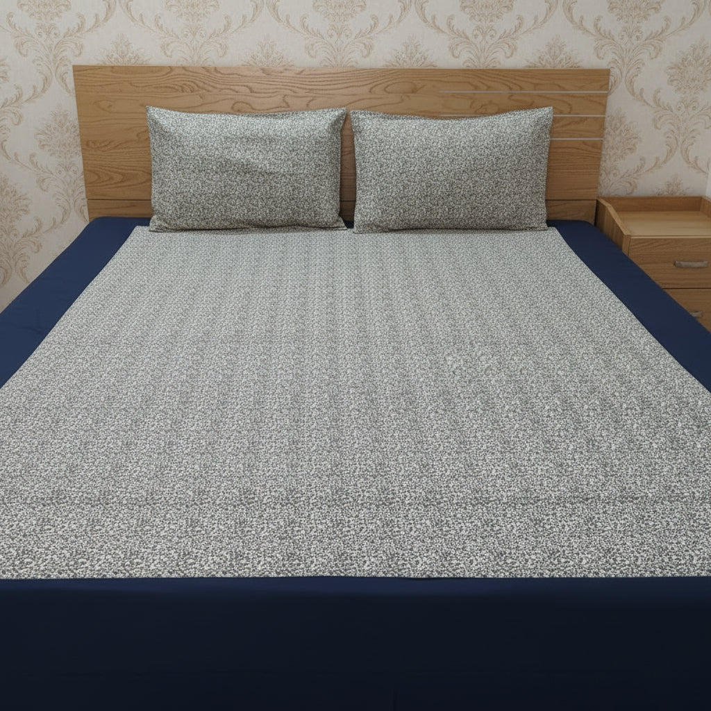 NAVY BLUE BORDER FLORAL KING COTTON BEDSHEET SET