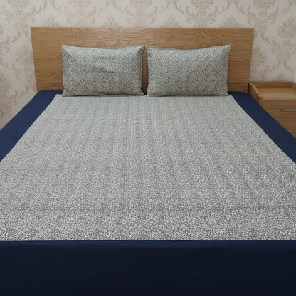 NAVY BLUE BORDER FLORAL KING COTTON BEDSHEET SET