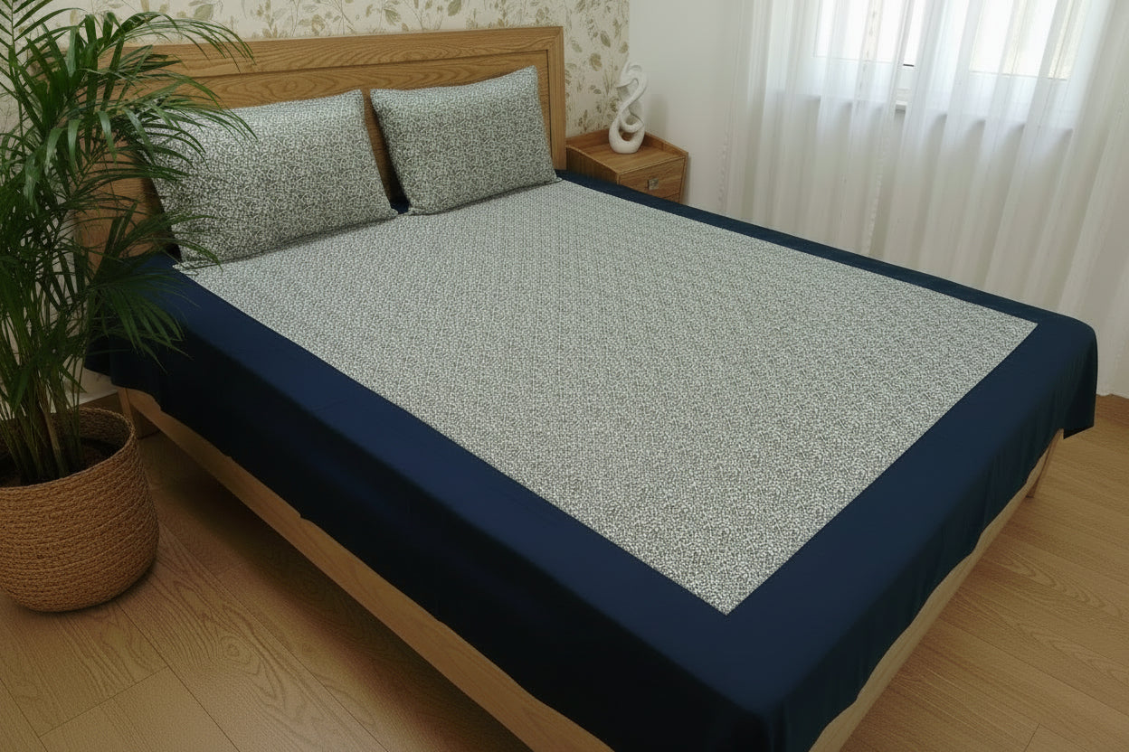 NAVY BLUE BORDER FLORAL KING COTTON BEDSHEET SET