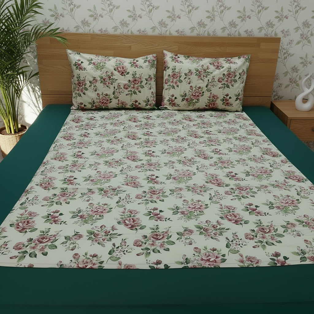 BOTTLE GREEN BORDER KING COTTON BEDSHEET SET