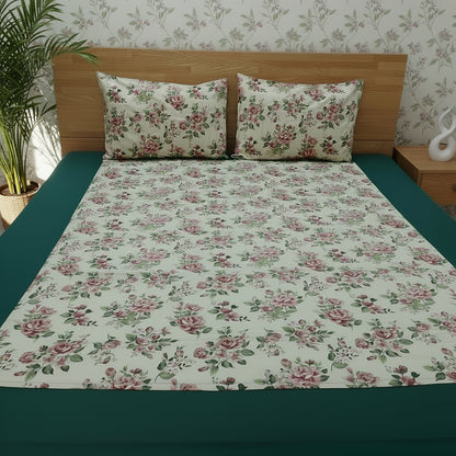 BOTTLE GREEN BORDER KING COTTON BEDSHEET SET