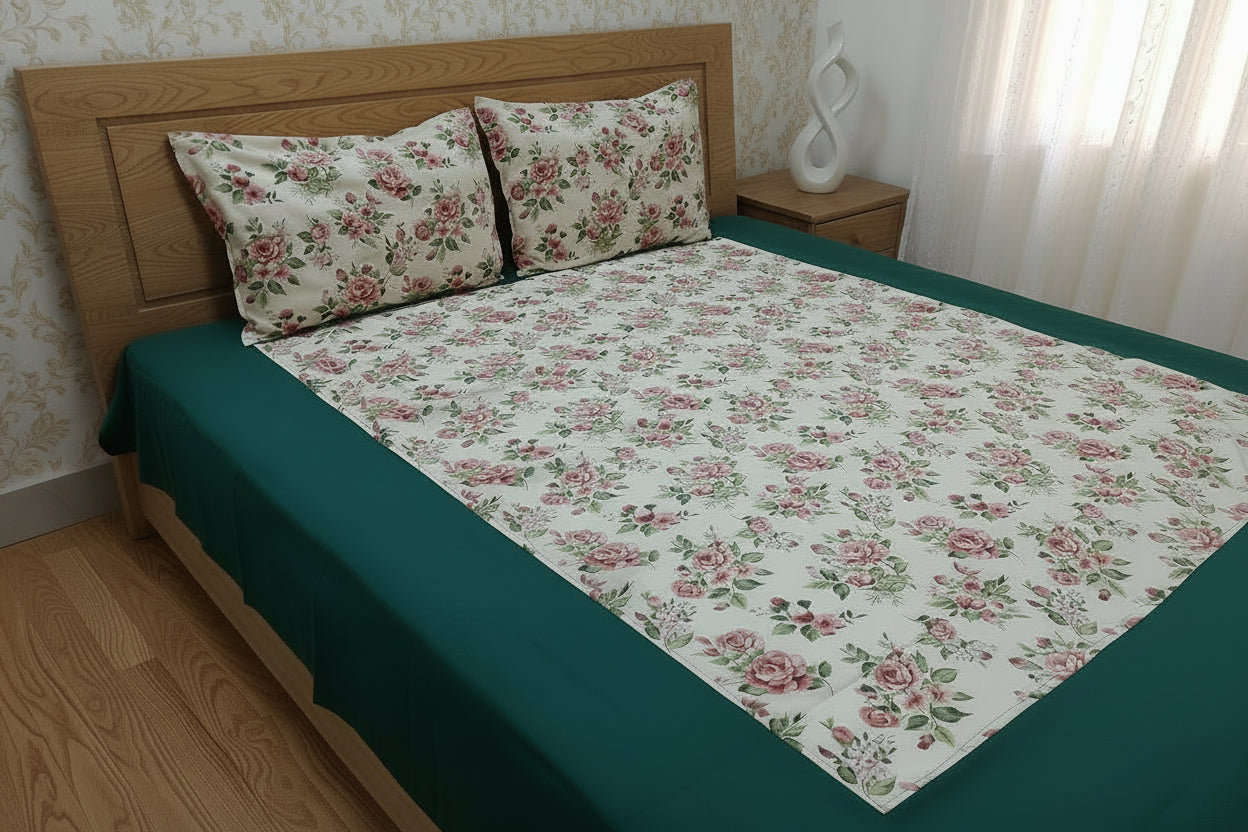 BOTTLE GREEN BORDER KING COTTON BEDSHEET SET