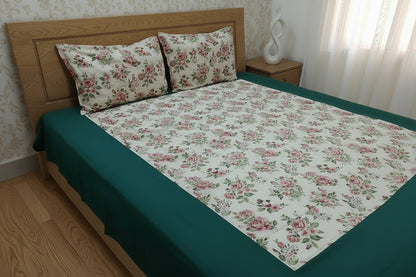 BOTTLE GREEN BORDER KING COTTON BEDSHEET SET