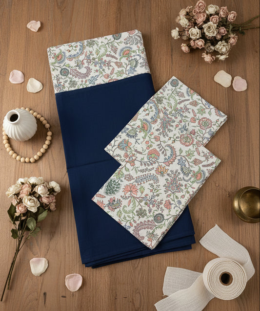 NAVY BLUE BORDER WITH FLORAL PRINT KING COTTON BEDSHEET SET