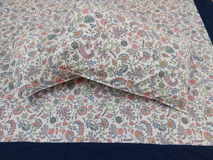 NAVY BLUE BORDER WITH FLORAL PRINT KING COTTON BEDSHEET SET