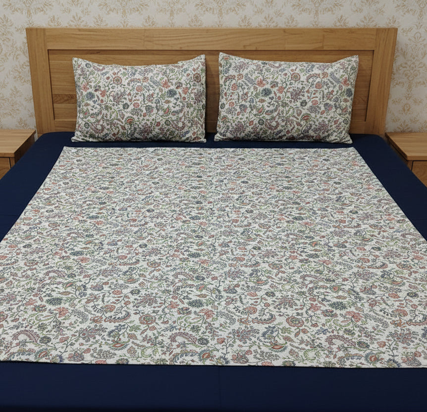 NAVY BLUE BORDER WITH FLORAL PRINT KING COTTON BEDSHEET SET