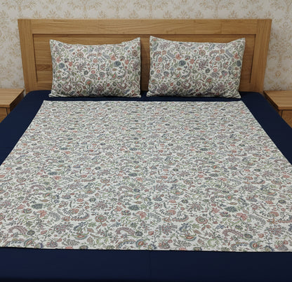 NAVY BLUE BORDER WITH FLORAL PRINT KING COTTON BEDSHEET SET