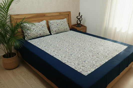 NAVY BLUE BORDER WITH FLORAL PRINT KING COTTON BEDSHEET SET
