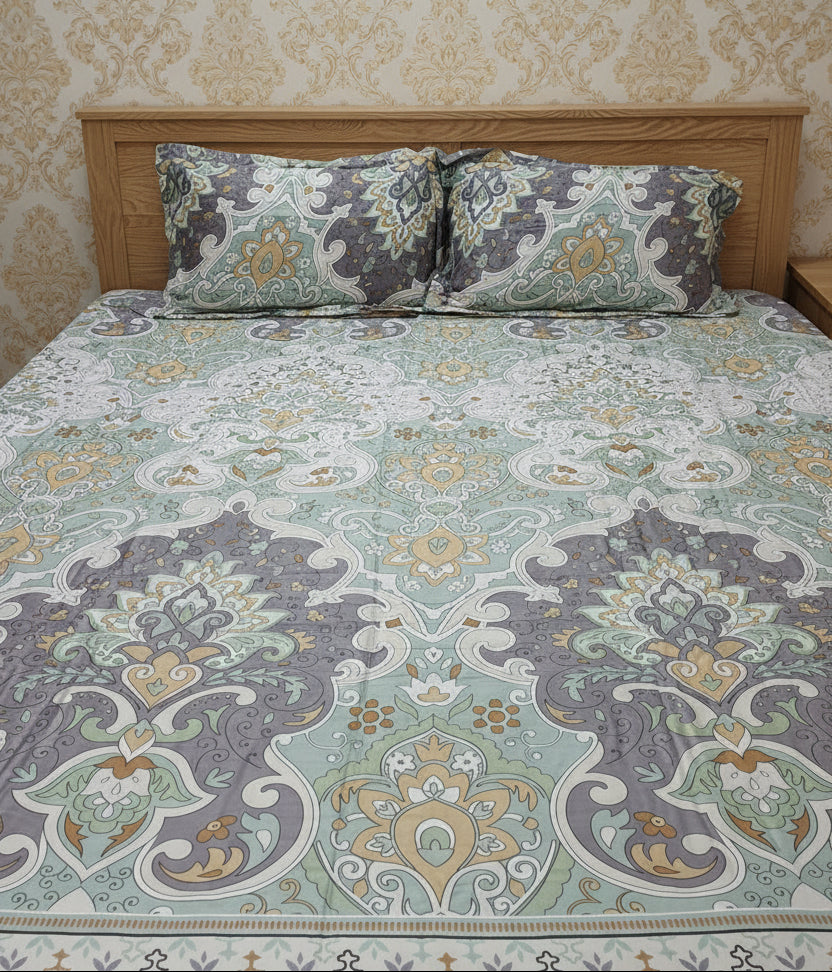 GREY & GREEN FLORAL KING BAMBOO BEDSHEET SET