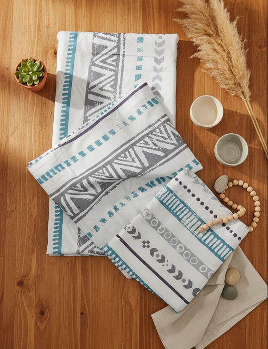 GREY BLUE GEOMETRICAL KING BAMBOO BEDSHEET SET