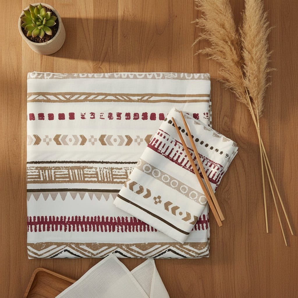 BEIGE MAROON GEOMETRICAL KING BAMBOO BEDSHEET SET