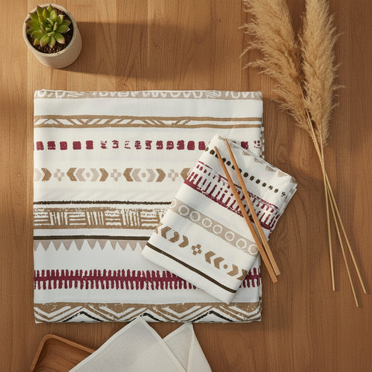 BEIGE MAROON GEOMETRICAL KING BAMBOO BEDSHEET SET