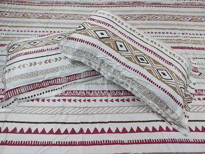 BEIGE MAROON GEOMETRICAL KING BAMBOO BEDSHEET SET
