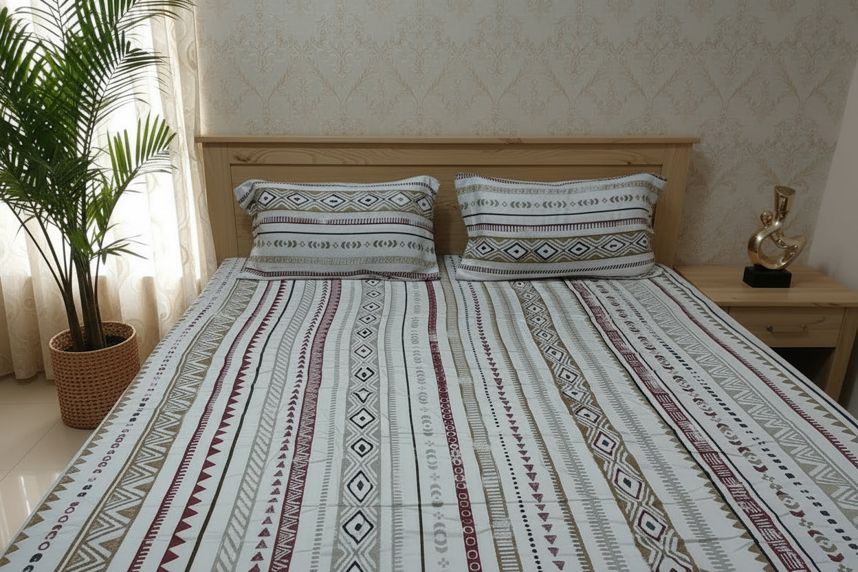 BEIGE MAROON GEOMETRICAL KING BAMBOO BEDSHEET SET