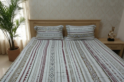 BEIGE MAROON GEOMETRICAL KING BAMBOO BEDSHEET SET