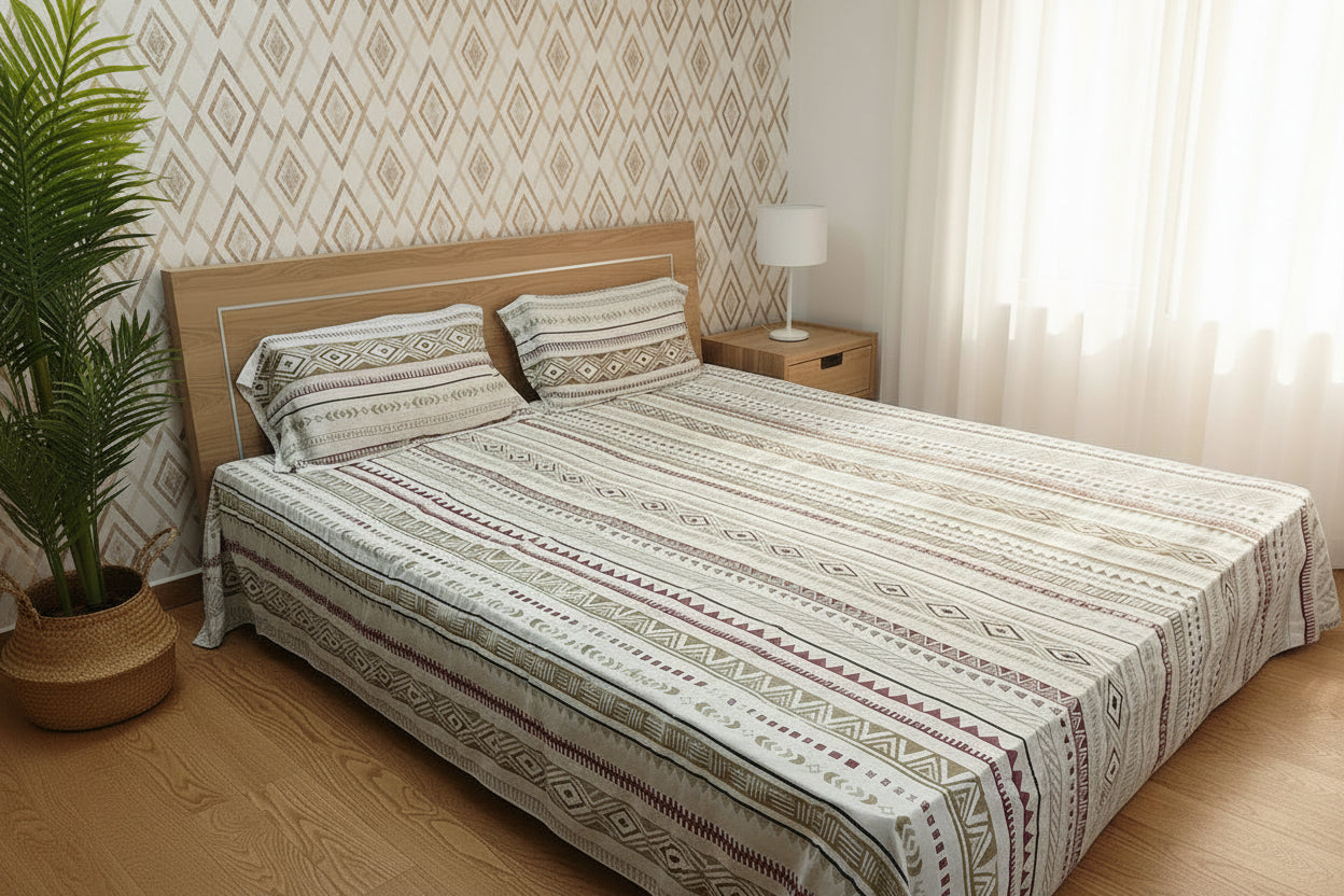 BEIGE MAROON GEOMETRICAL KING BAMBOO BEDSHEET SET