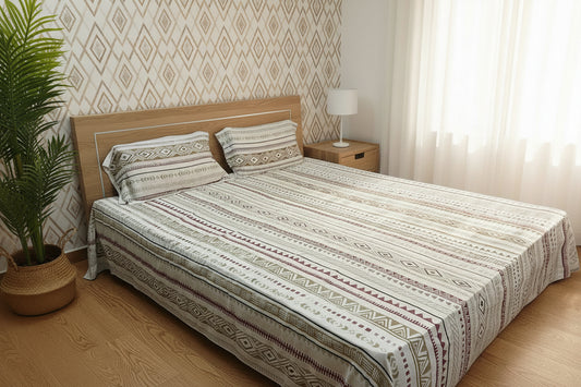 BEIGE MAROON GEOMETRICAL KING BAMBOO BEDSHEET SET
