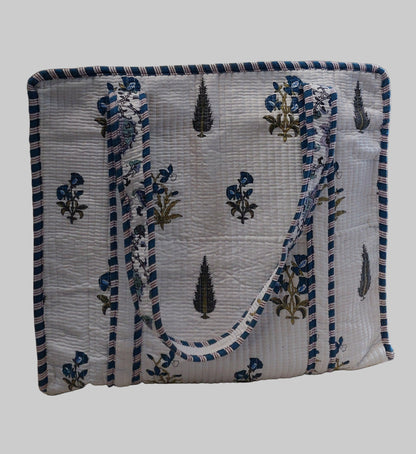 WHITE & BLUE QUILTED SHOPPING TOTE BAG