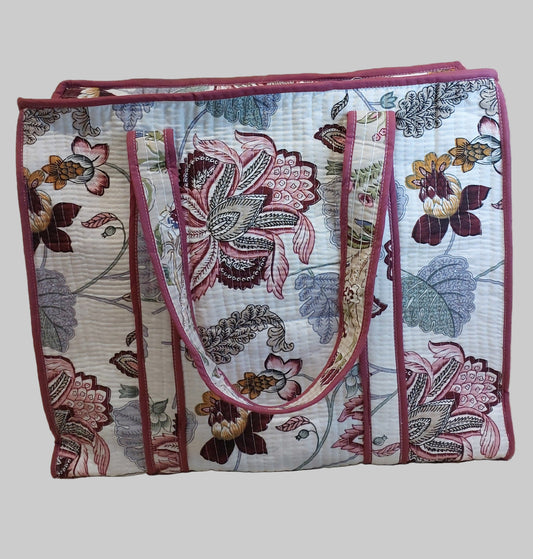 WHITE & BROWN QUILTED SHOPPING TOTE BAG