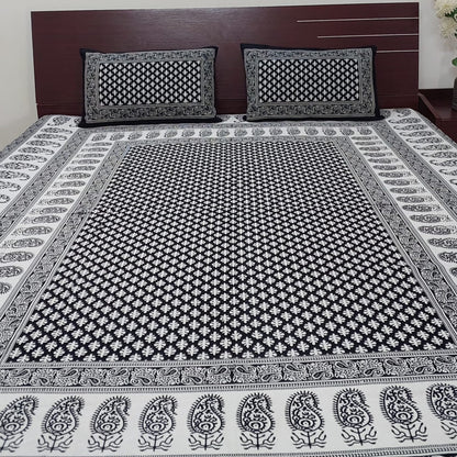 BLACK & WHITE BLOCK PRINTED COTTON QUEEN BEDSHEET