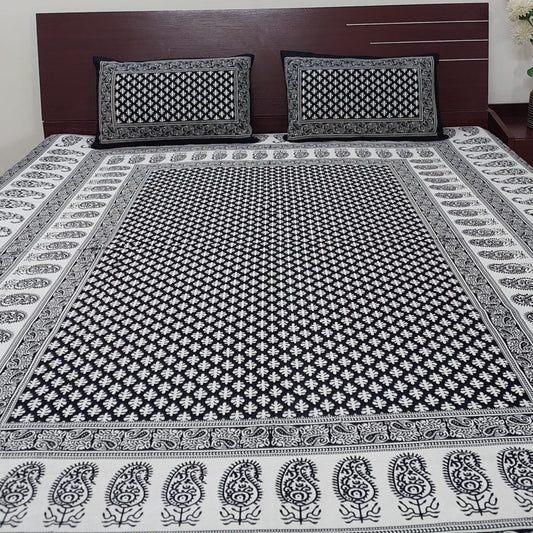 BLACK & WHITE BLOCK PRINTED COTTON QUEEN BEDSHEET
