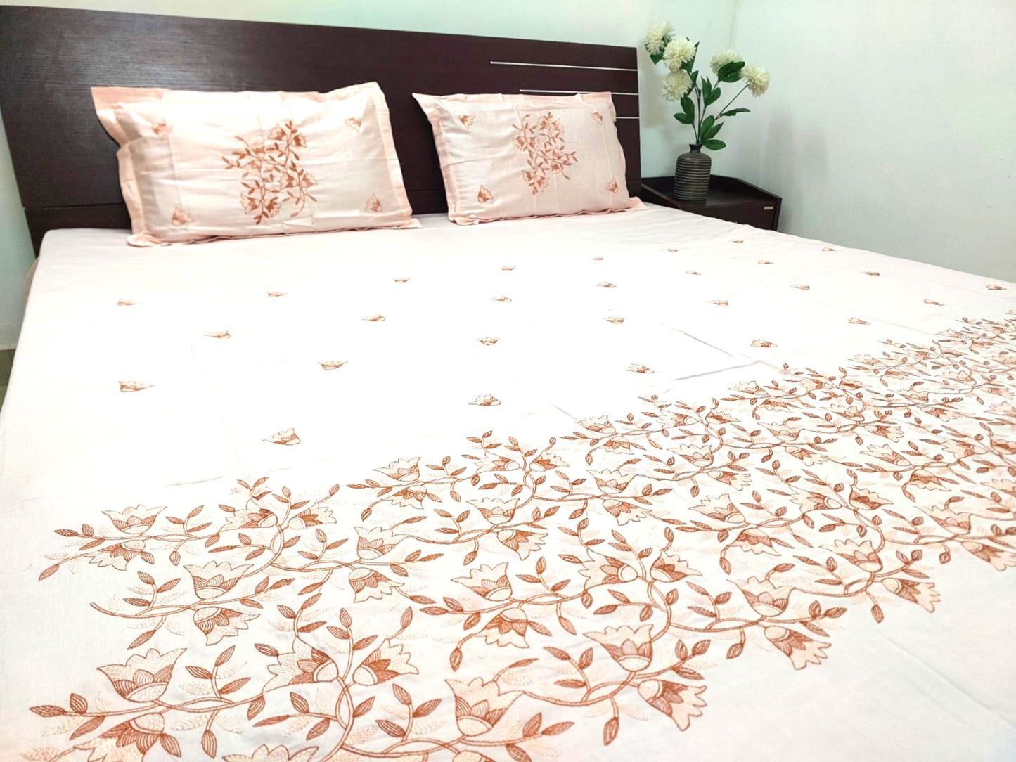 PEACH GLACE COTTON EMBROIDERY KING BEDSHEET