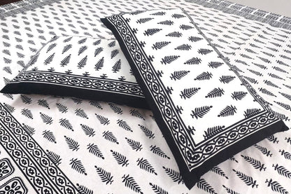 WHITE & BLACK LEAF BLOCK PRINTED COTTON QUEEN BEDSHEET
