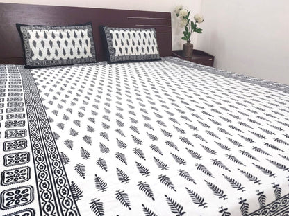 WHITE & BLACK LEAF BLOCK PRINTED COTTON QUEEN BEDSHEET