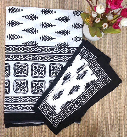 WHITE & BLACK LEAF BLOCK PRINTED COTTON QUEEN BEDSHEET