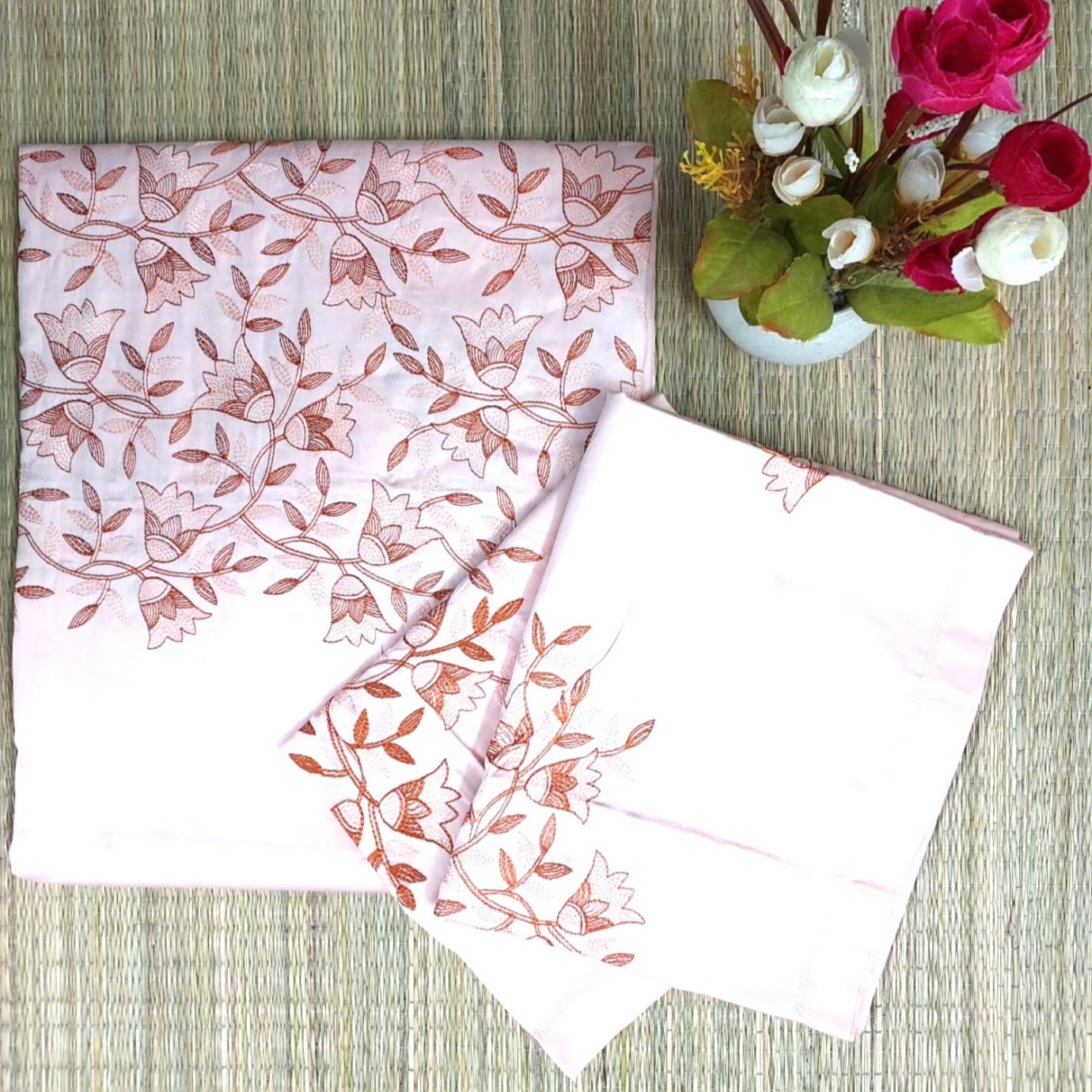 PEACH GLACE COTTON EMBROIDERY KING BEDSHEET
