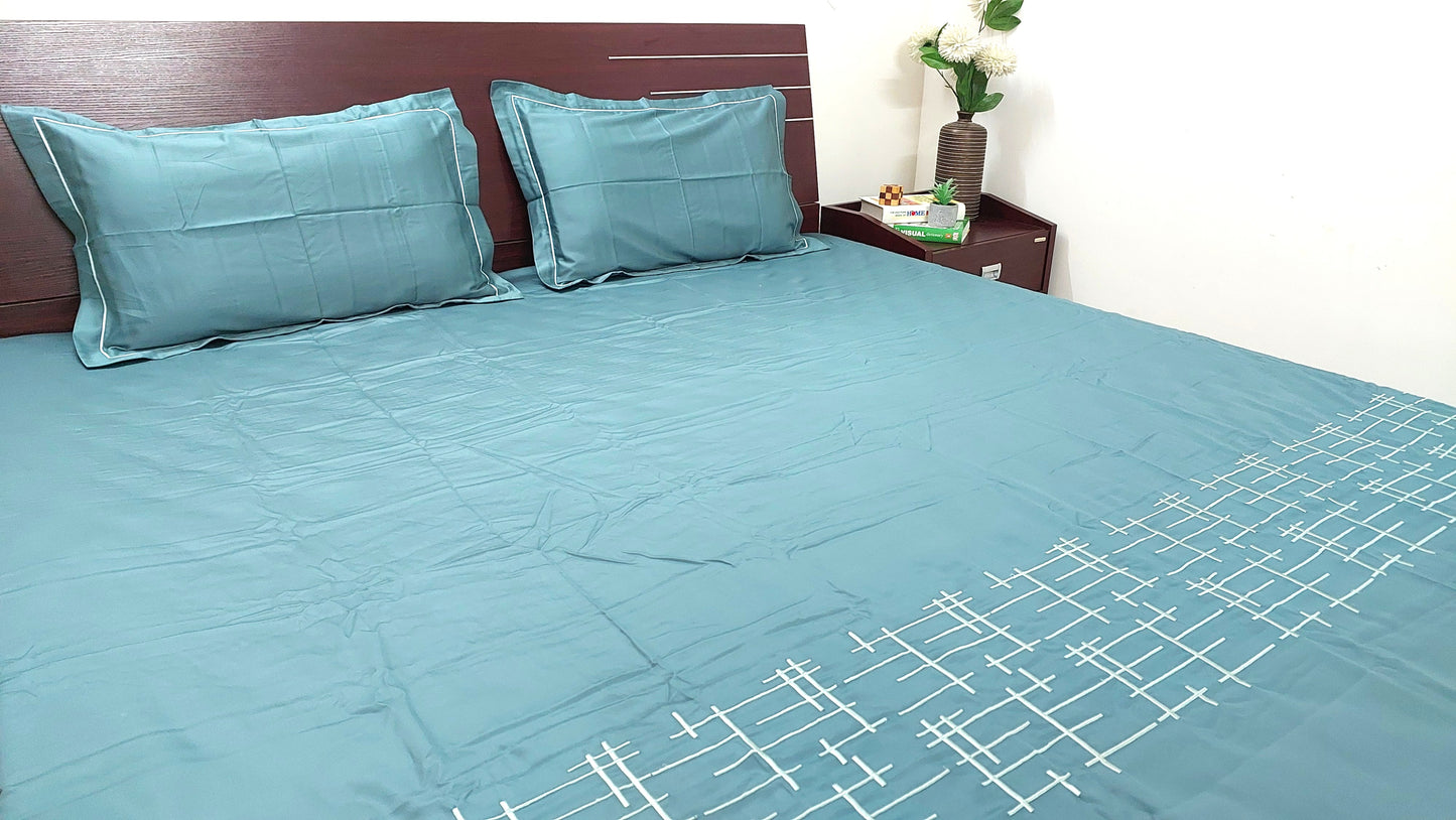 TURQUOISE BLUE WITH WHITE BORDERED COTTON KING BEDSHEET