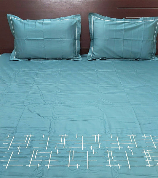 TURQUOISE BLUE WITH WHITE BORDERED COTTON KING BEDSHEET